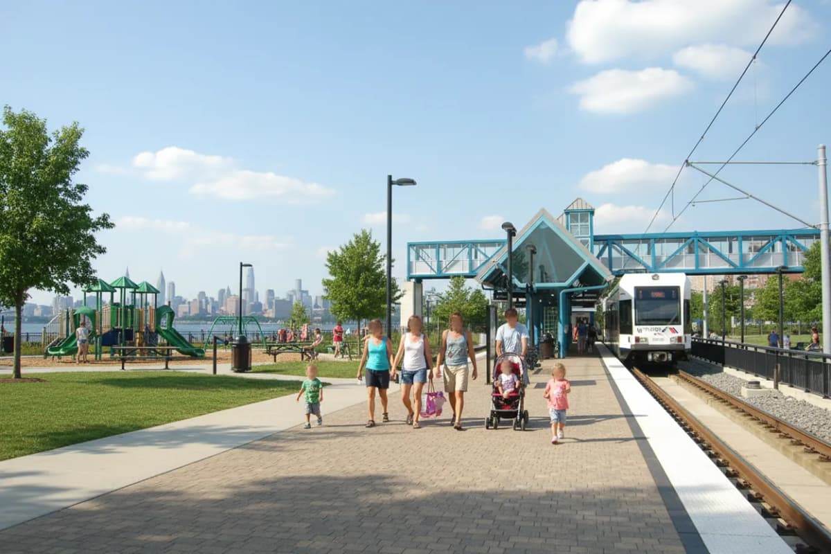 Families arriving at Port Imperial for a summer recreation day