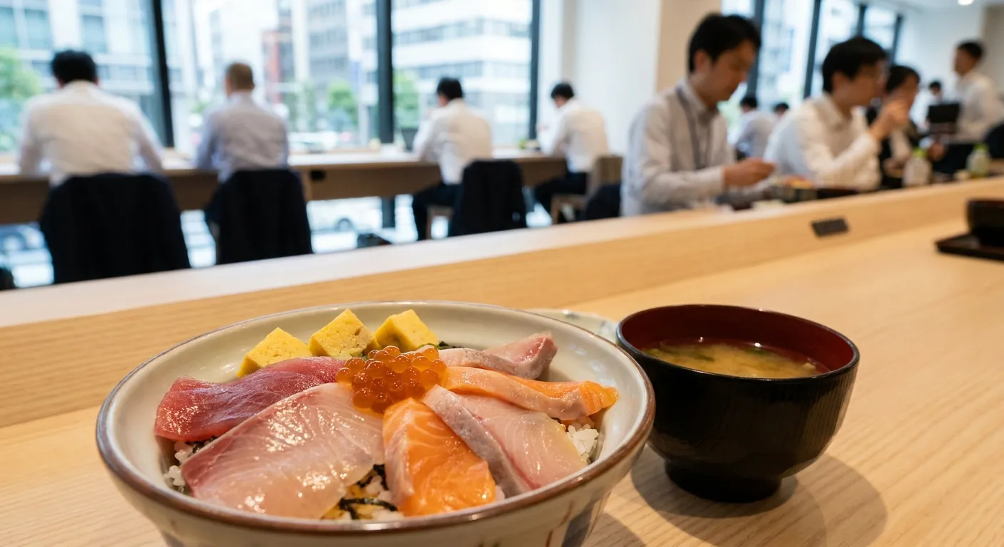 A chirashi bowl of assorted fish over sushi rice beside miso soup on a lunch counter