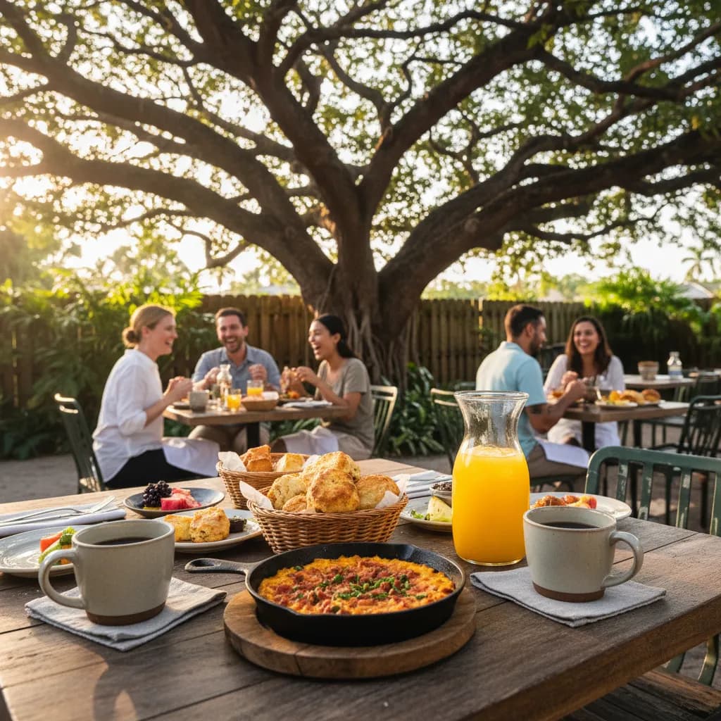 Outdoor brunch table set with shakshuka, biscuits and coffee under the shade of a banyan tree in Miami