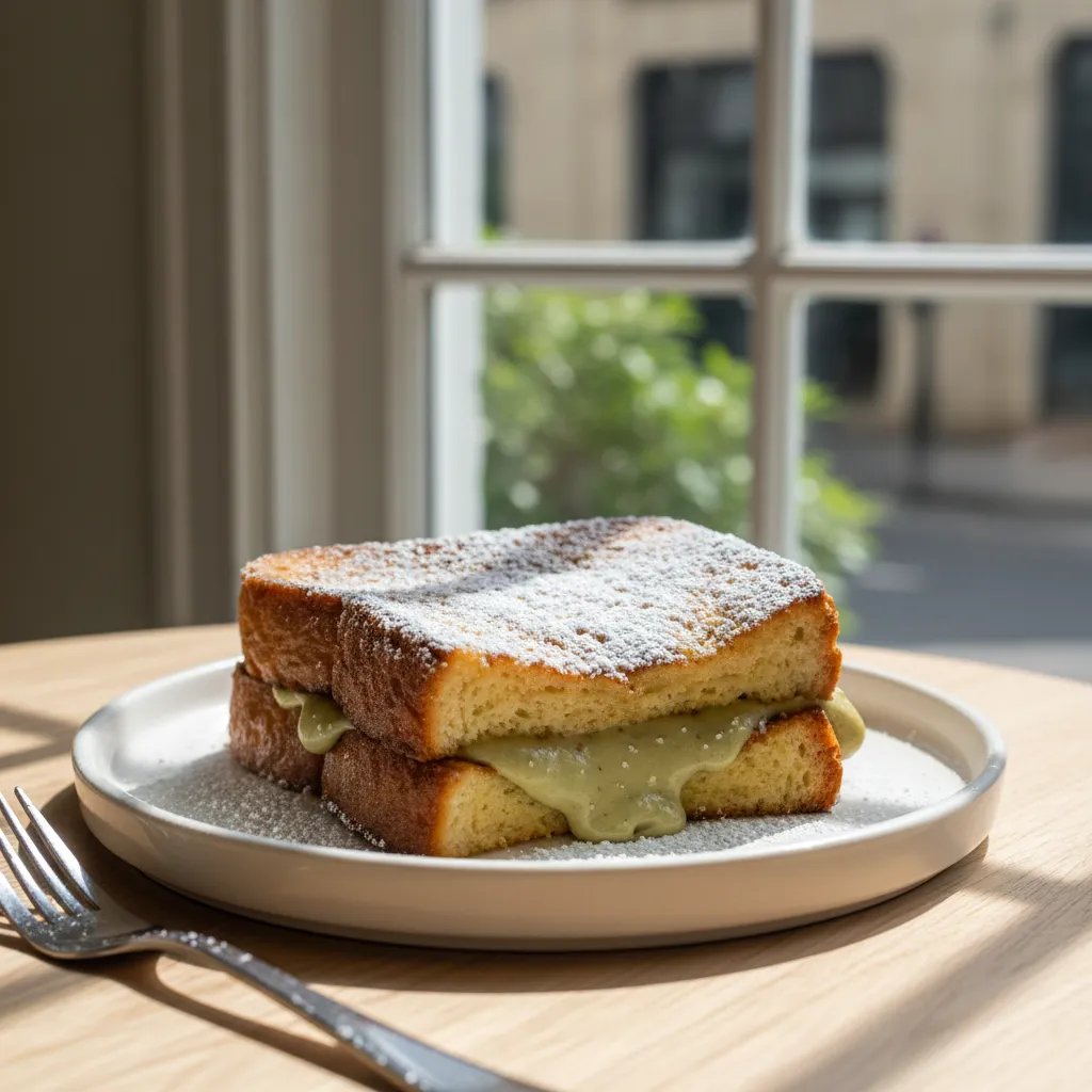 Golden pistachio-cream stuffed French toast dusted with powdered sugar on a cafe table in morning light