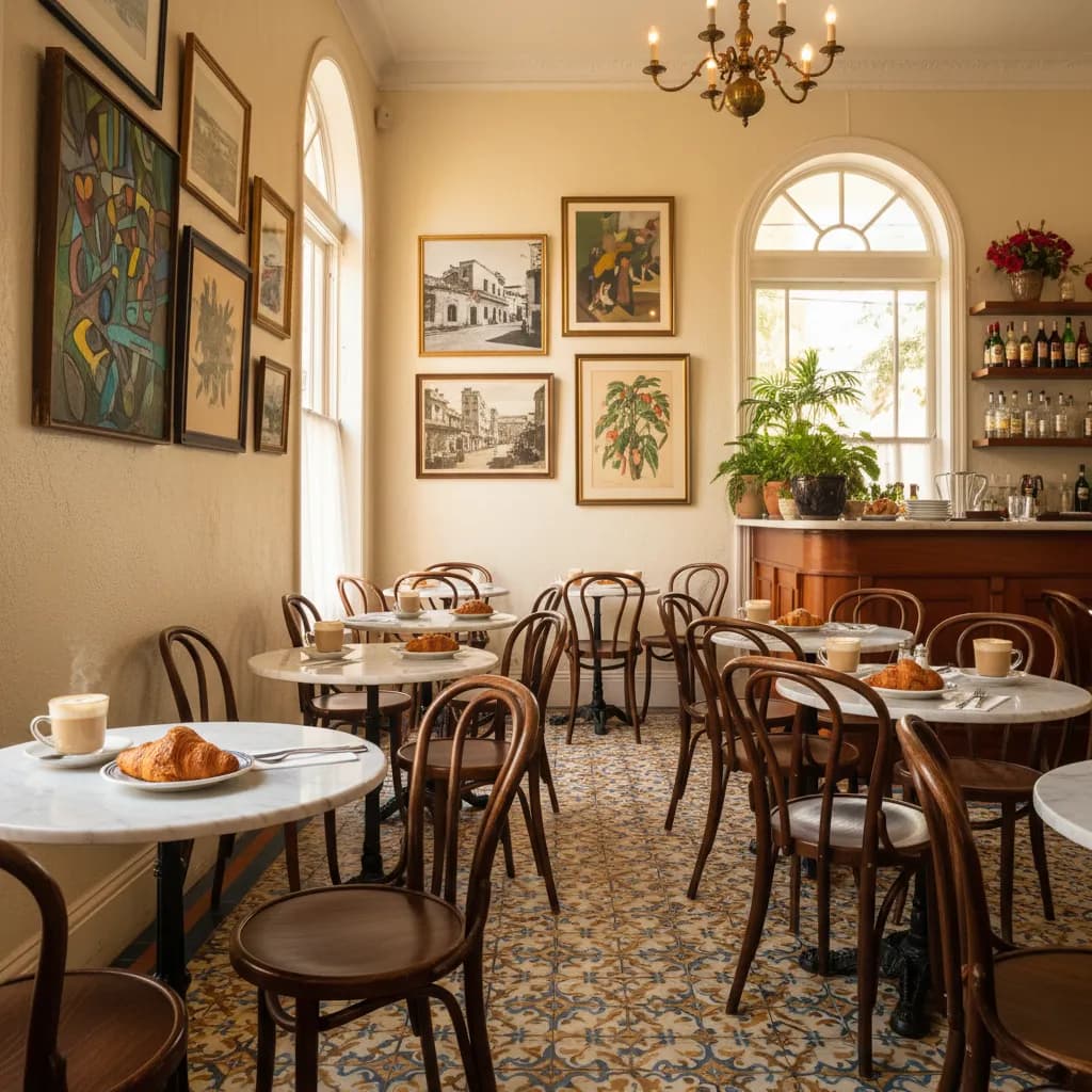 Cozy French-Cuban bistro dining room with marble tables, croissants and cafe con leche in warm window light