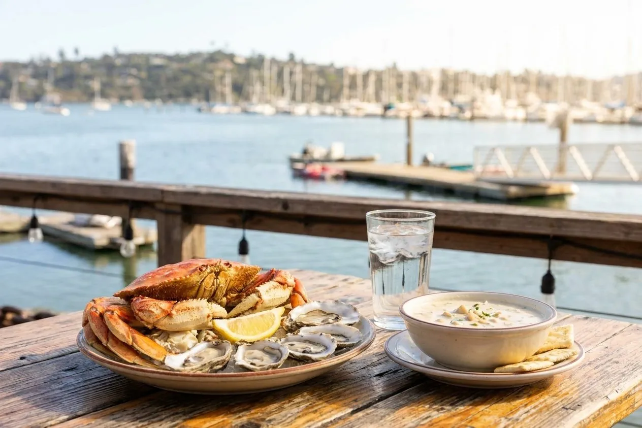 Seafood lunch on the Sausalito waterfront with harbor views and marina atmosphere