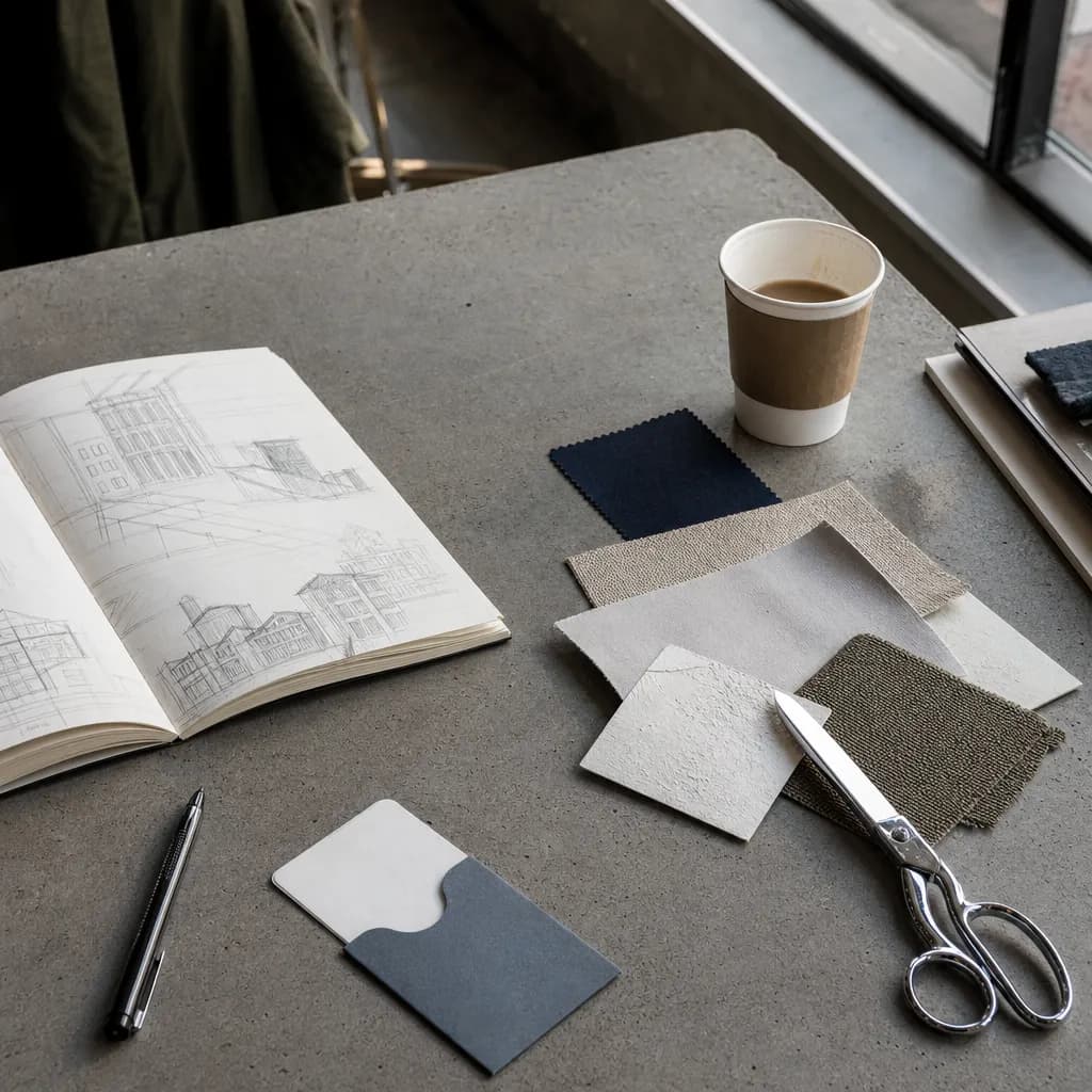 A tactile campus mood board with fabric, concrete, sketches, and subway light