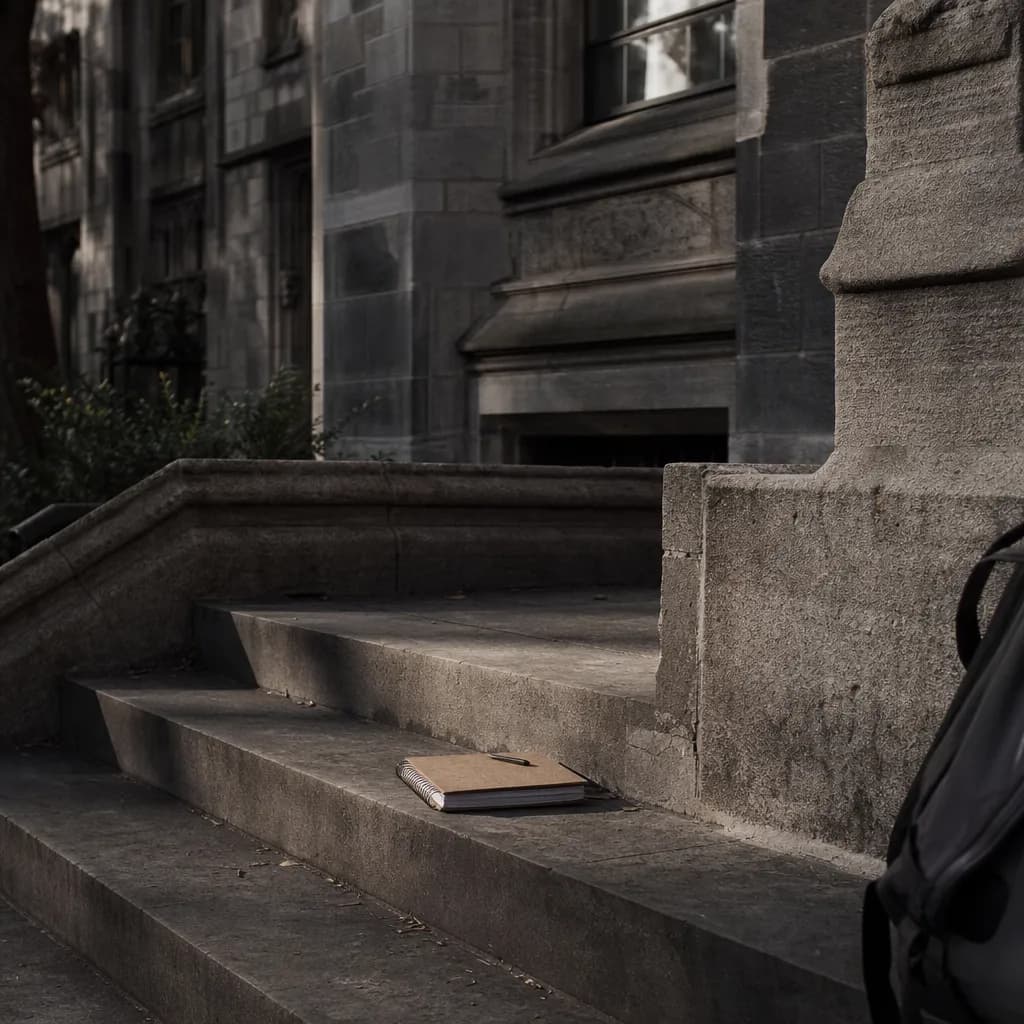 A dramatic uptown stone campus stair with shadows and notebooks
