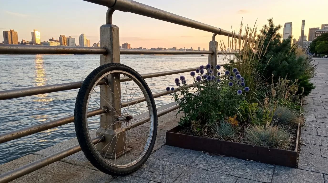 A bicycle and riverfront planting along the Hudson River Park esplanade.