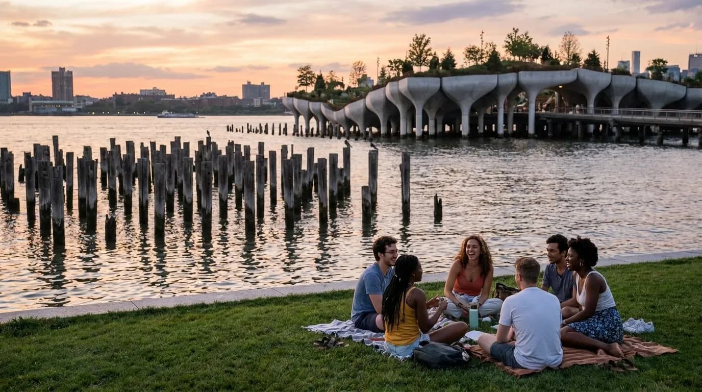Friends sitting informally near Little Island during a summer sunset.