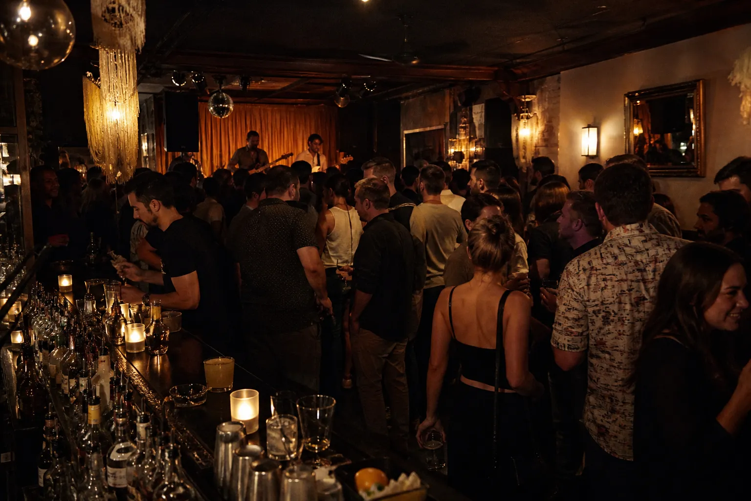 Dim West Hollywood bar interior with stage lights and a lively counter
