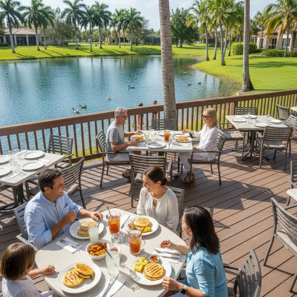 Lakeside restaurant terrace in Weston, Florida with plates of Venezuelan arepas and fried plantains