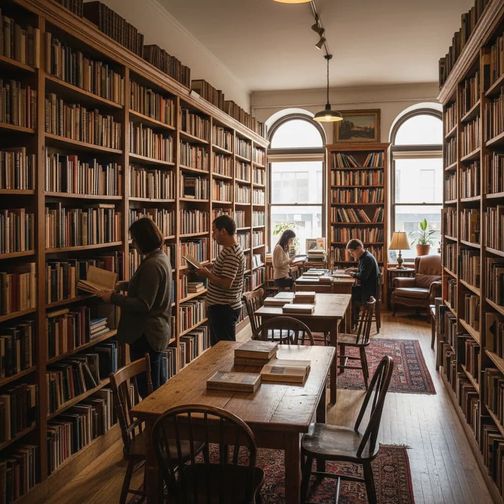 Editorial-style realistic scene inspired by Westsider Rare & Used Books in New York.