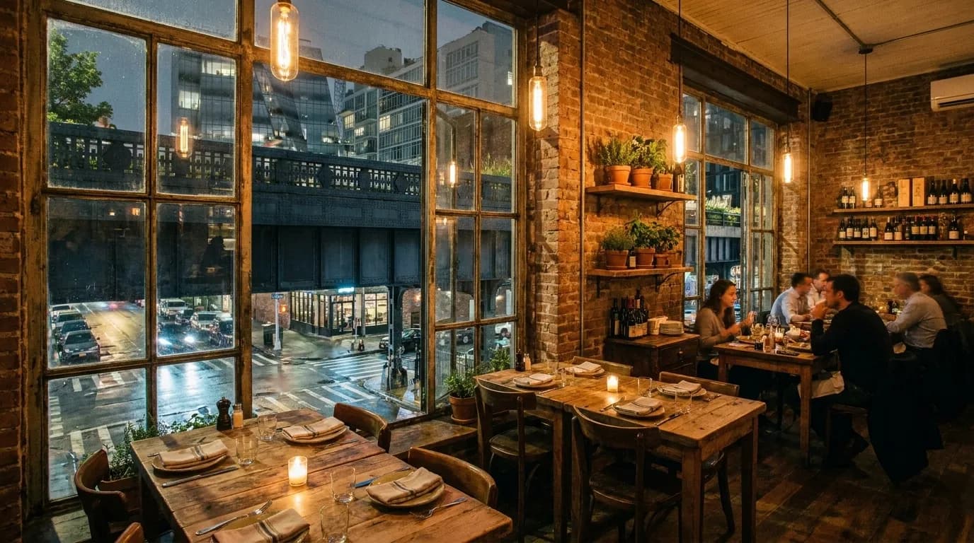 Warm interior of a classic Italian trattoria in the West Village with wooden tables and soft lighting