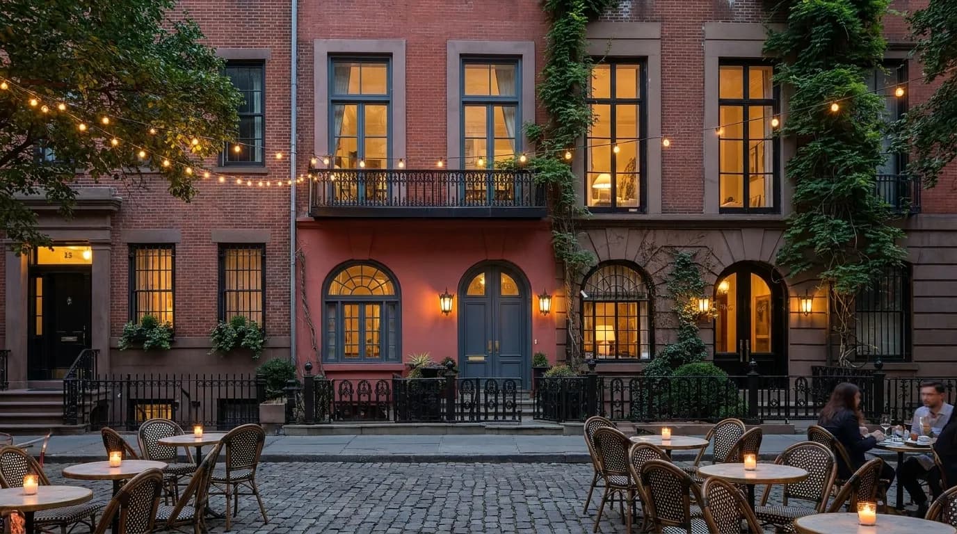 Tree-lined West Village street at dusk with brownstones and bistro lighting