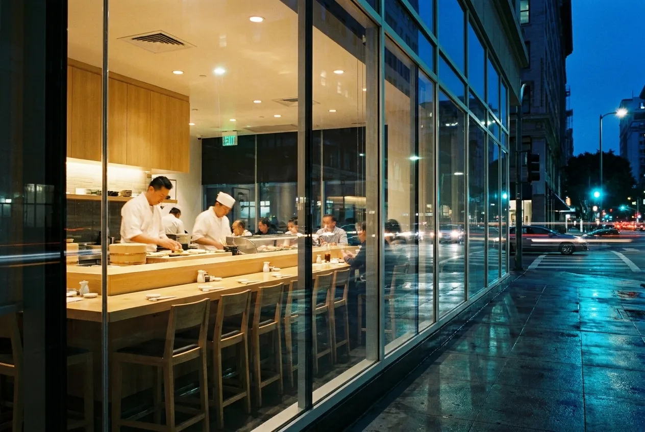 Evening view through restaurant windows showing a sushi counter with chefs preparing food in downtown Los Angeles
