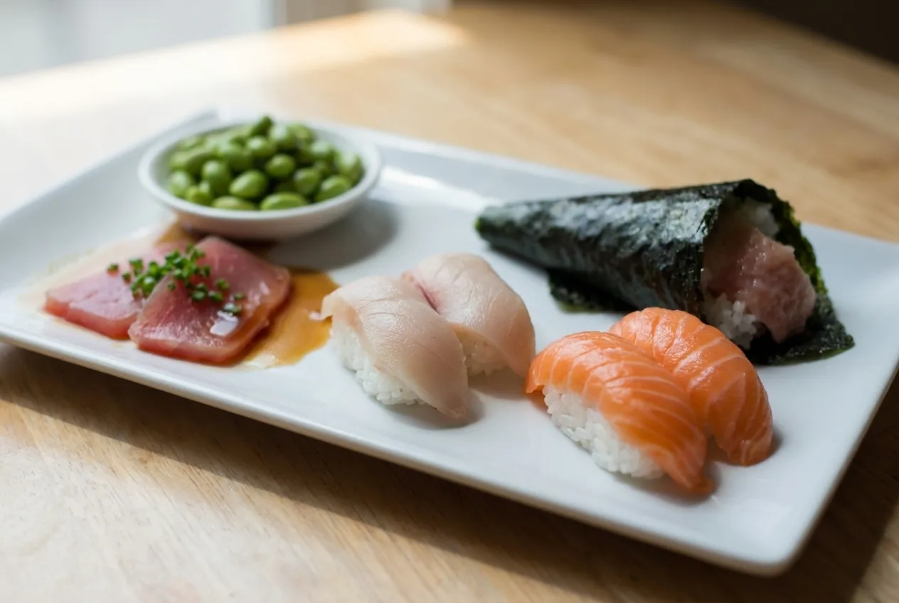 Overhead view of a Trust Me Lite sushi set with nigiri, sashimi, hand roll and edamame on a white plate