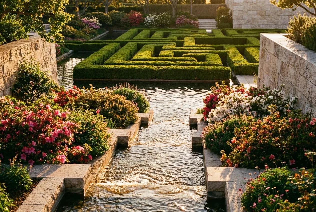 Cascading stream and hedge labyrinth in Robert Irwin's Central Garden at the Getty Center during golden hour.