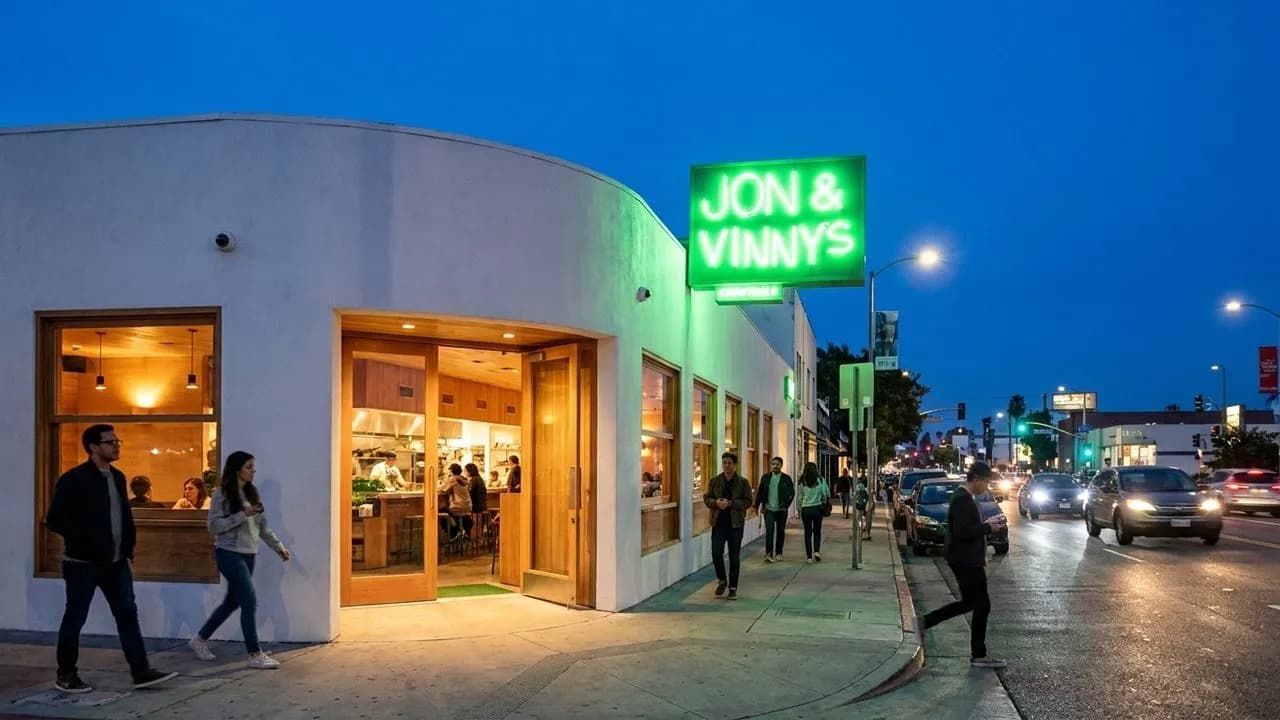 Jon & Vinny's exterior in Los Angeles at dusk