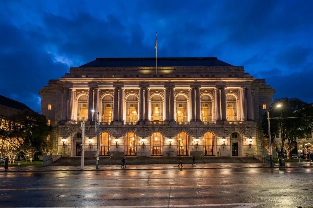 War Memorial Opera House glowing at dusk in San Francisco