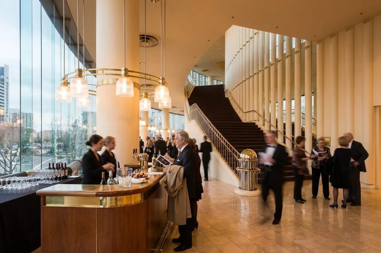 Concertgoers near a lobby counter before a San Francisco performance