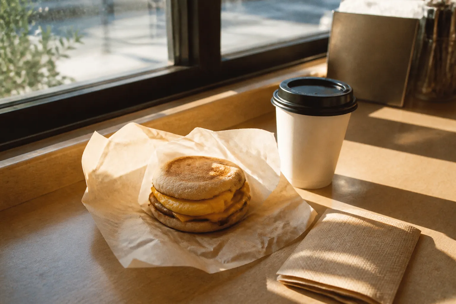 Cozy morning breakfast table by a sunlit window with coffee and a wrapped breakfast sandwich