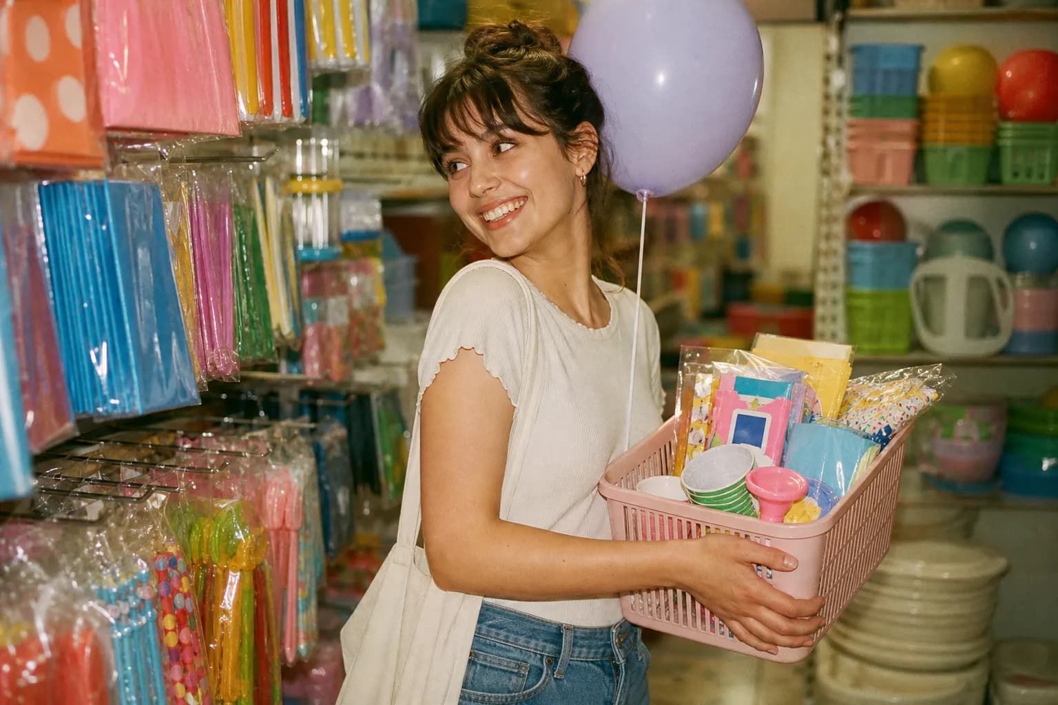 A cheerful shopper holding a basket of colorful budget party supplies in a bright discount variety store aisle