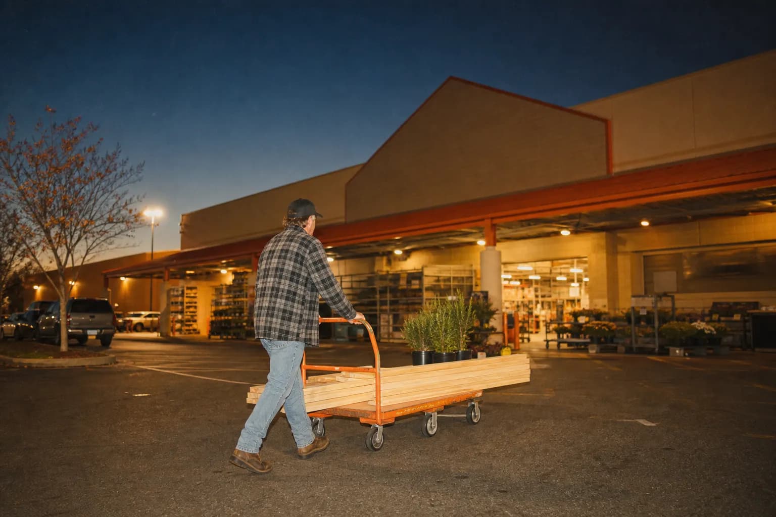 A large home-improvement warehouse store exterior at dusk with warm parking-lot lights and a shopper pushing a flat cart under a twilight sky