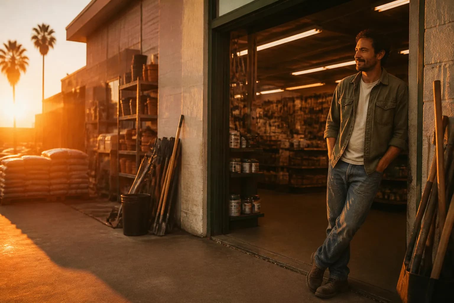A large hardware store entrance glowing with warm orange light at sunrise