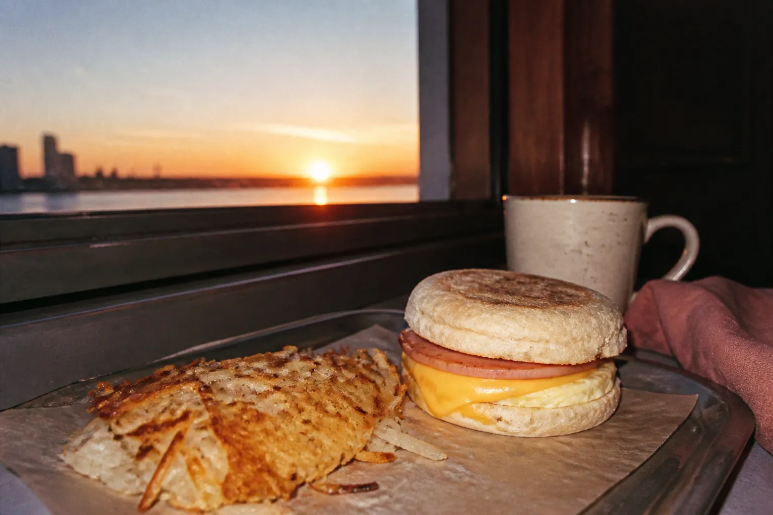 A warm breakfast sandwich and hash browns on a tray in soft morning light