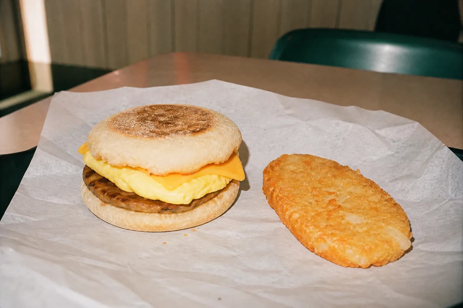 A fast-food breakfast sandwich and a golden hash brown on a paper tray in warm morning light