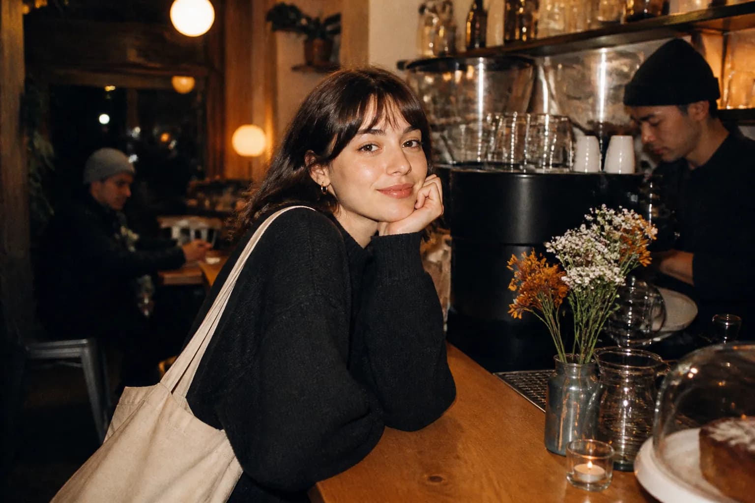 A cozy coffee shop counter glowing warmly in the evening light