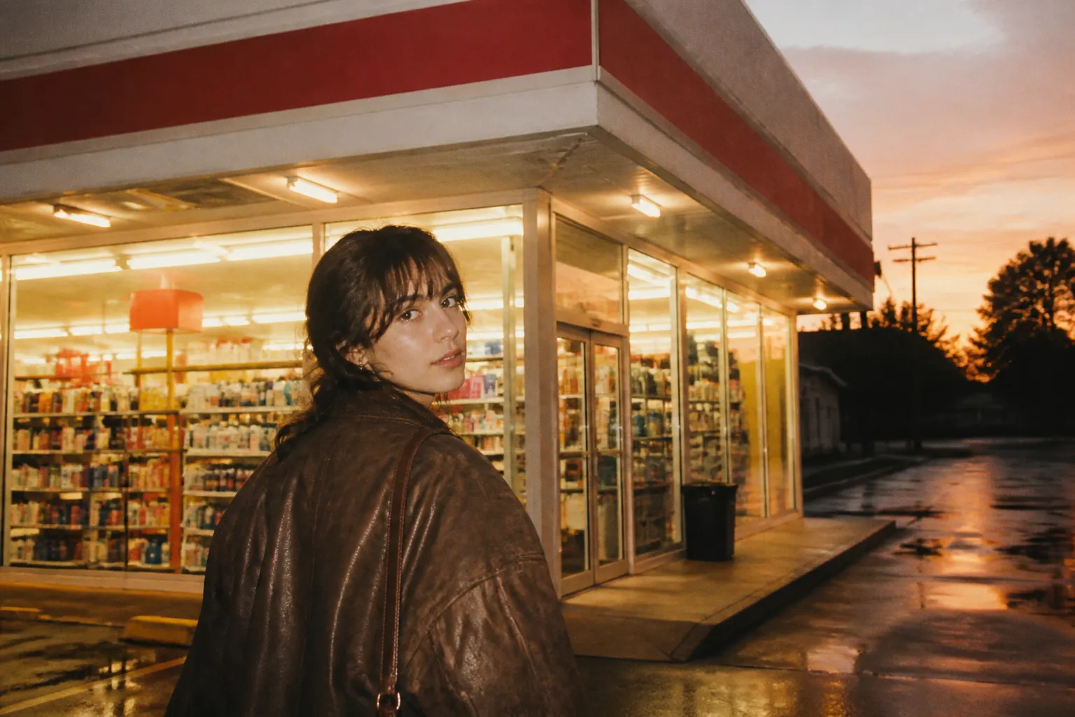 A drugstore storefront glowing warmly against a dusk sky