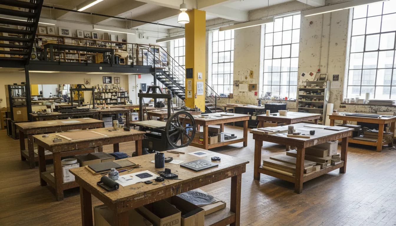 Printing press and workspace in a New York City printmaking studio with papers and ink
