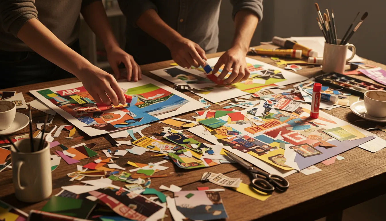 Hands arranging cut paper and materials during a collage workshop session