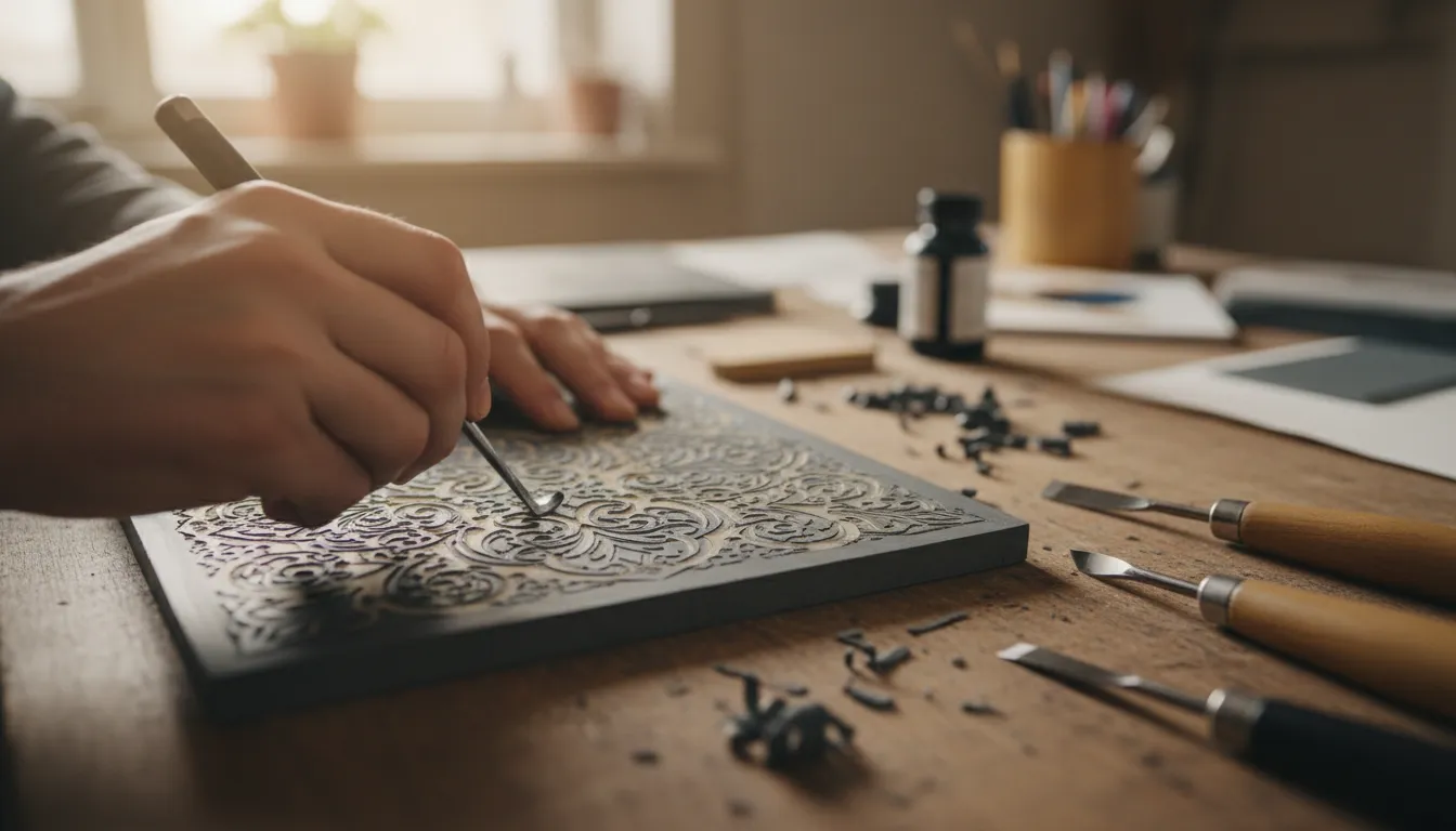 Close-up of hands carving a linoleum block for relief printing with tools