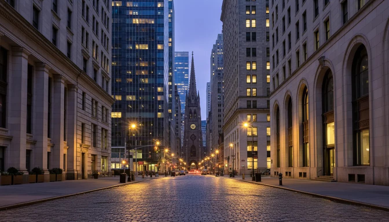 Trinity Church's Gothic Revival spire rises above Wall Street in Lower Manhattan at dusk