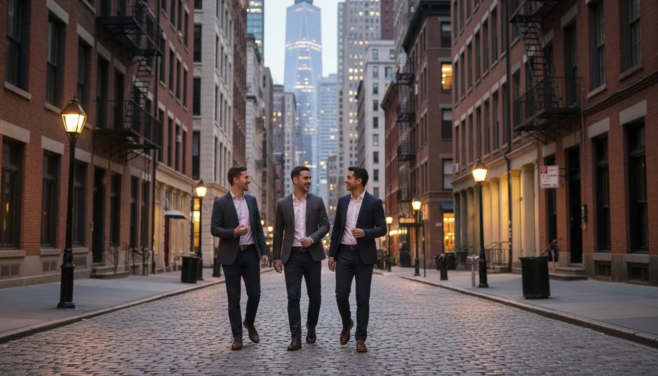Cobblestone street in Lower Manhattan's Financial District with historic buildings and evening streetlights