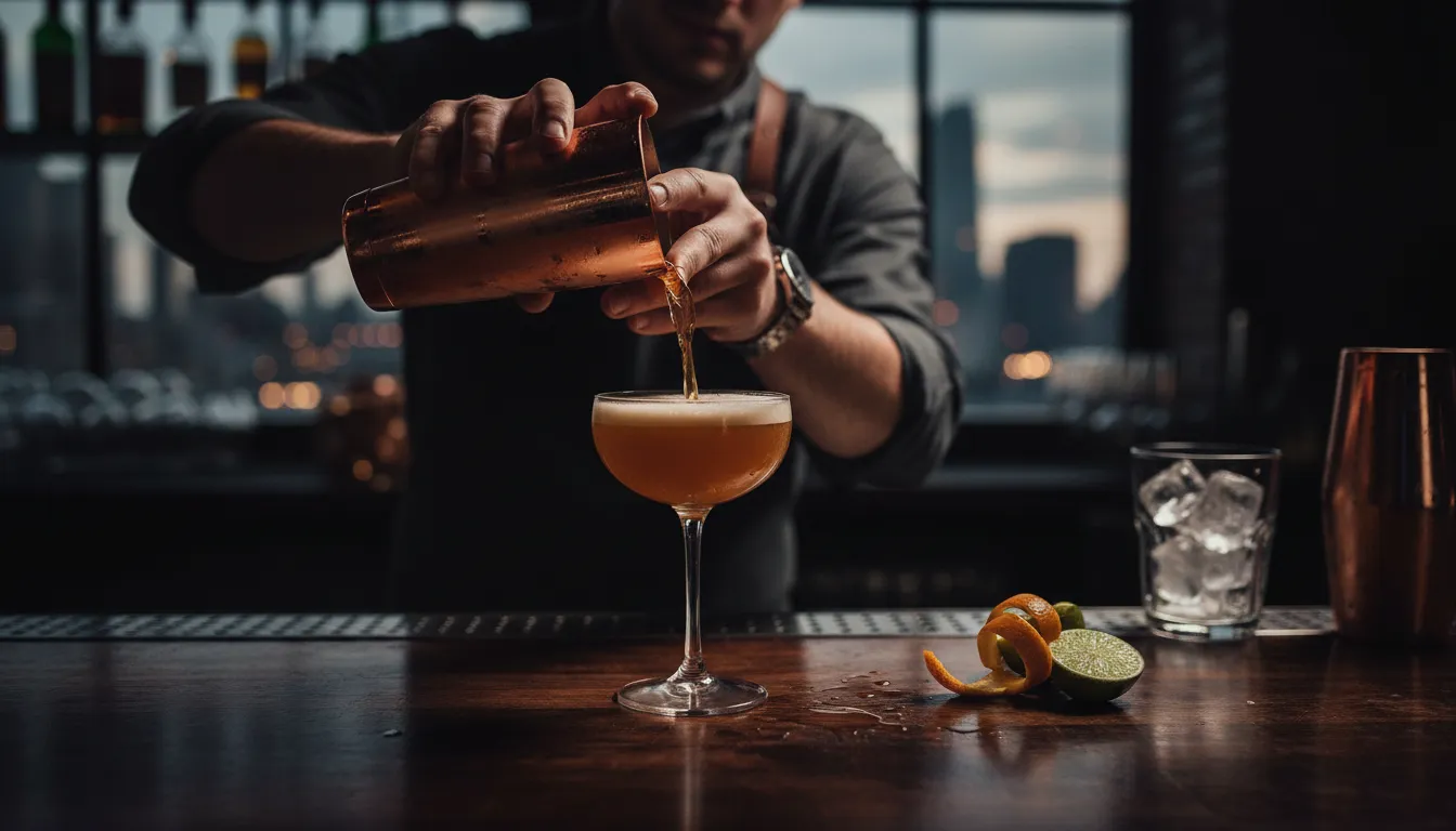 Craft cocktail being prepared at a dimly lit bar with vintage glassware and copper accents