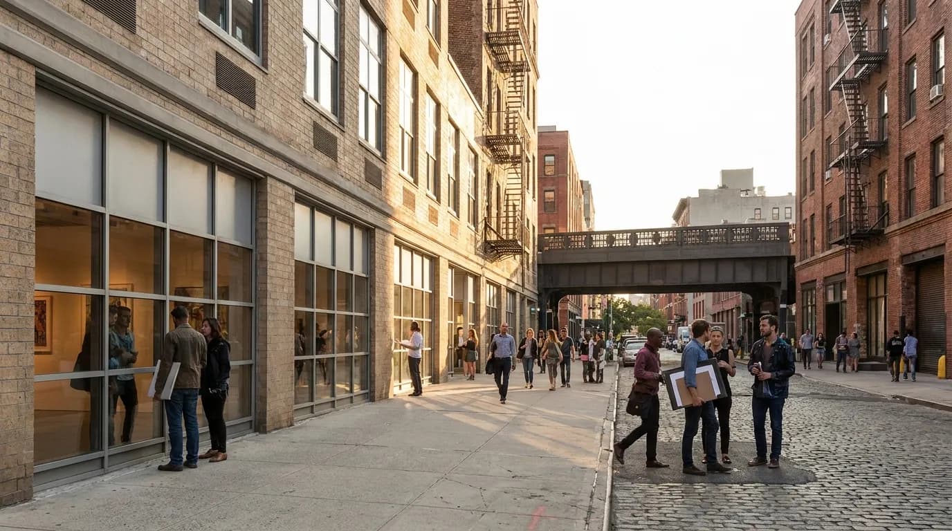 Wide view of Chelsea gallery district showing converted warehouse buildings and street-level art spaces in Manhattan