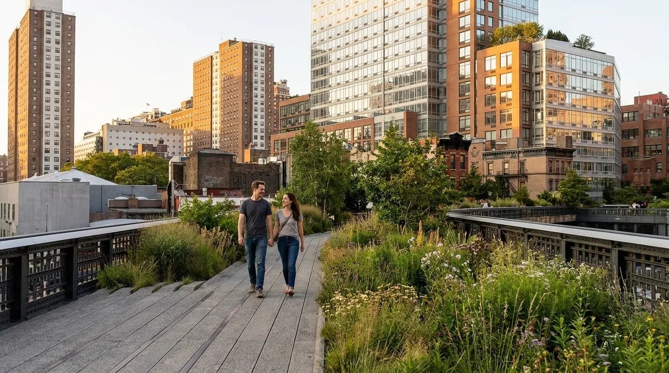 Elevated walkway of the High Line park in Chelsea with urban plantings and city views