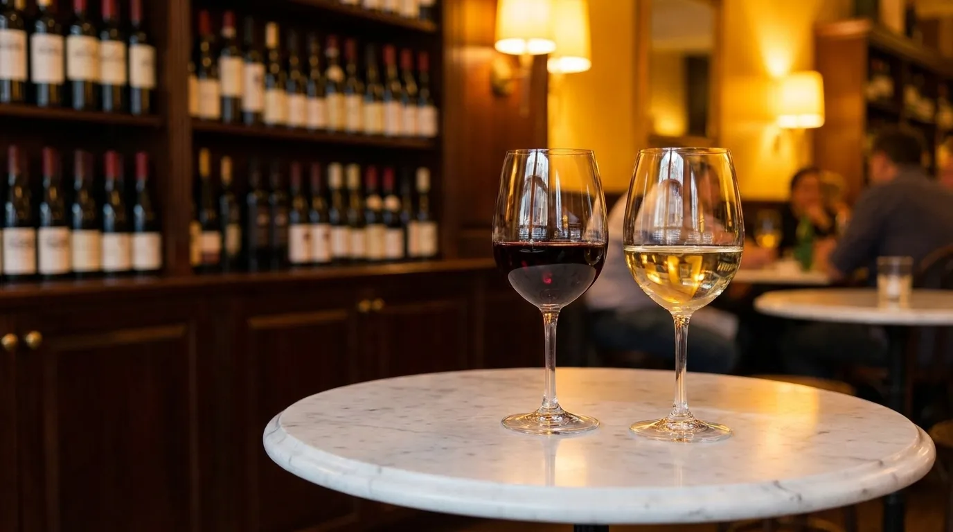 Interior of intimate wine bar with bottle-lined walls and small tables