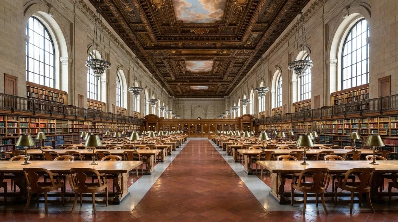 Rose Main Reading Room at New York Public Library showing long reading tables under ornate ceiling with natural light from arched windows