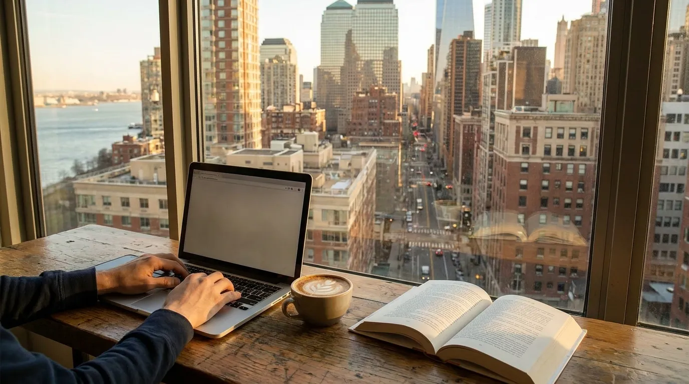 Person working on laptop at small table in Manhattan café with coffee cup and book nearby