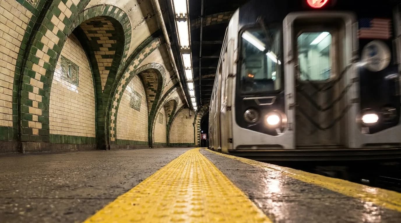 Manhattan subway platform with train arriving and passengers waiting during weekday commute