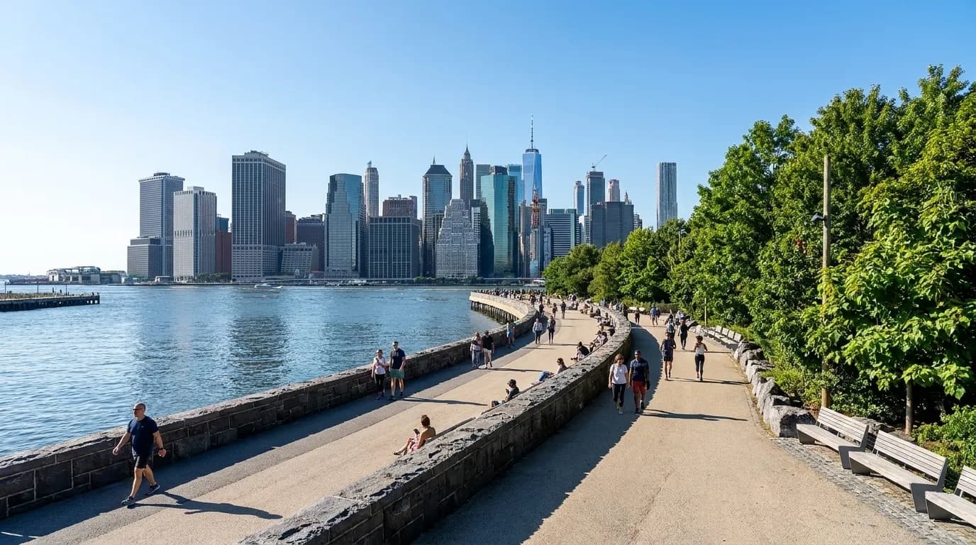 Wide view of pedestrians walking along the East River waterfront promenade with Manhattan skyline in the background