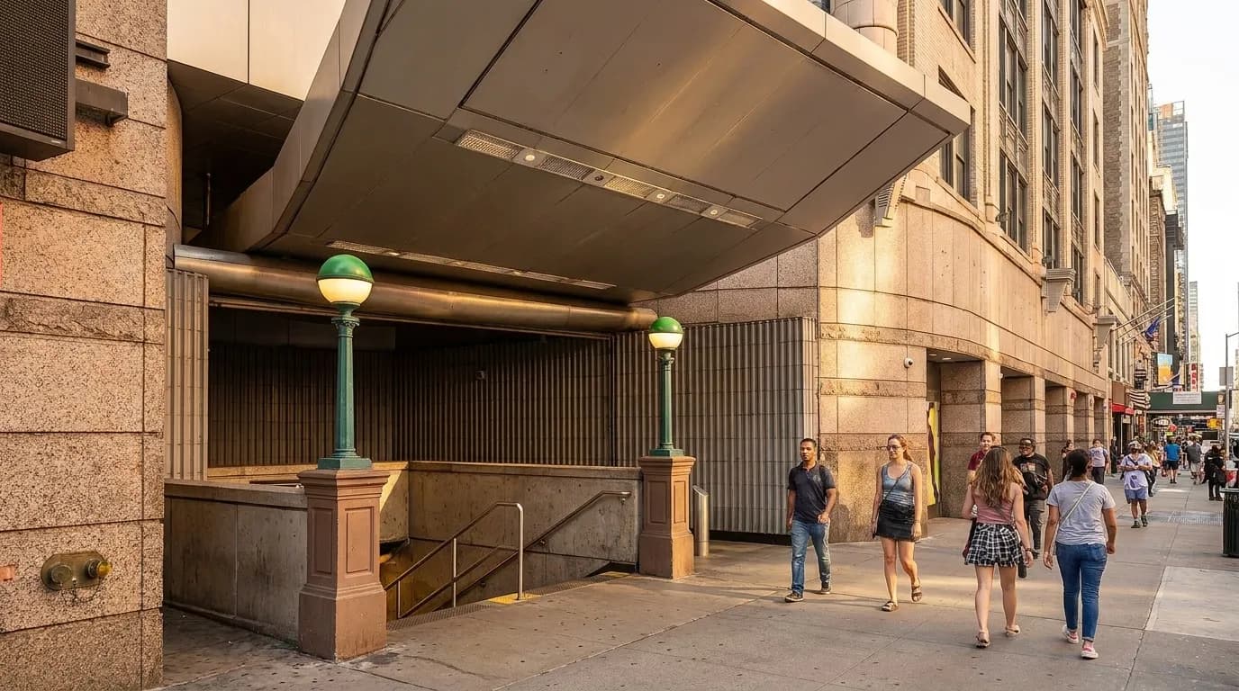 Street-level view of a New York City subway station entrance with pedestrians approaching on a sunny afternoon