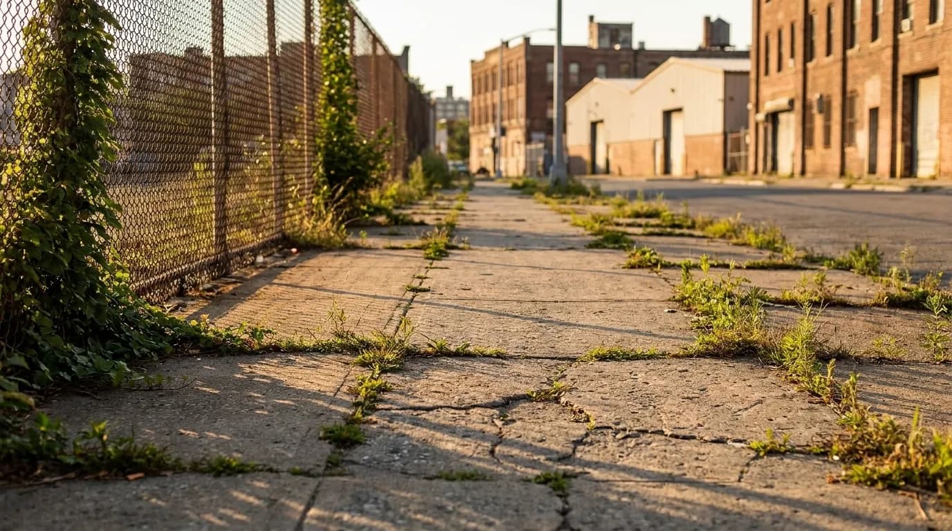 Mid-distance view of a sidewalk in an industrial Brooklyn neighborhood near the Greenpoint waterfront