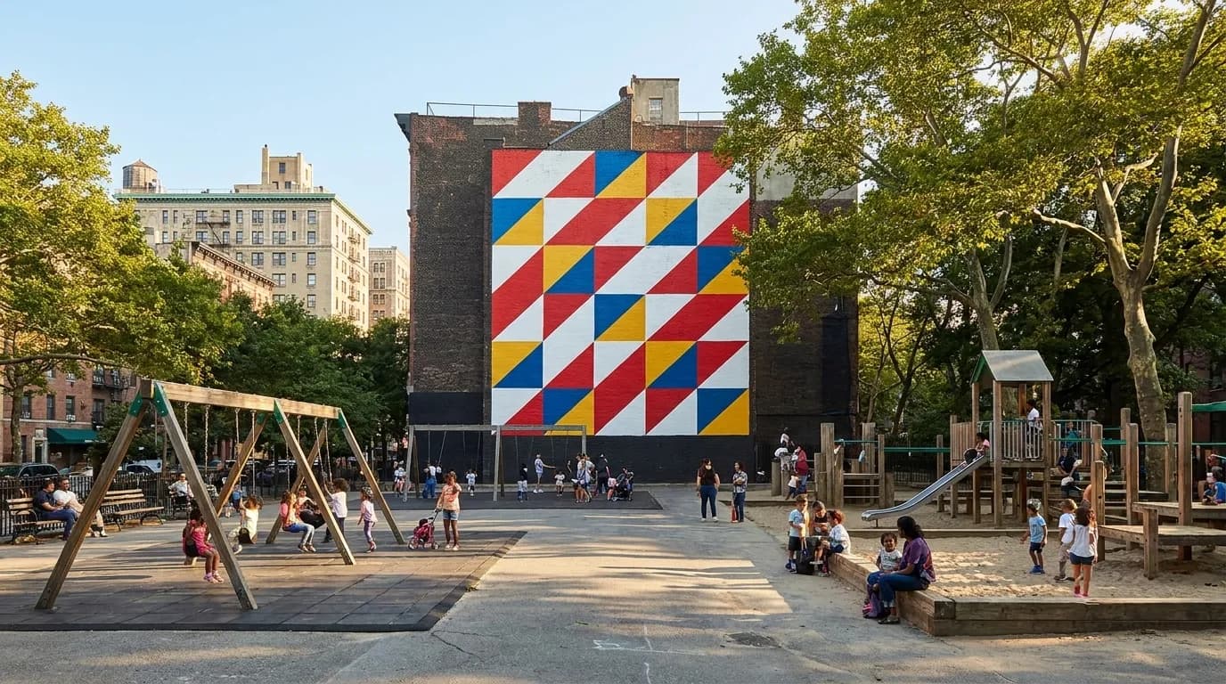 Children playing on playground equipment in Central Park with Manhattan buildings visible in background
