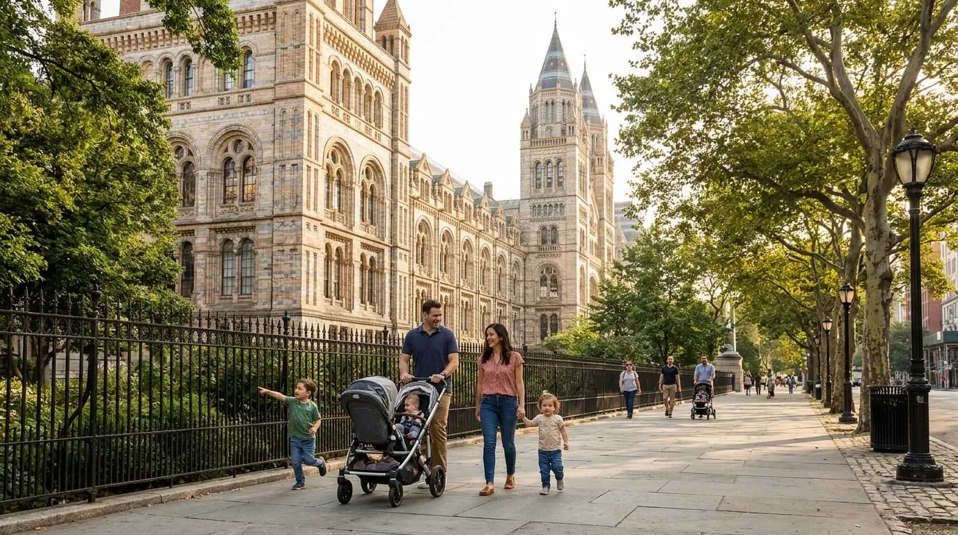 Families walking toward the American Museum of Natural History entrance on Upper West Side