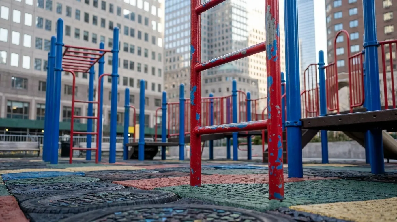 Close-up view of colorful playground climbing structure in Manhattan park
