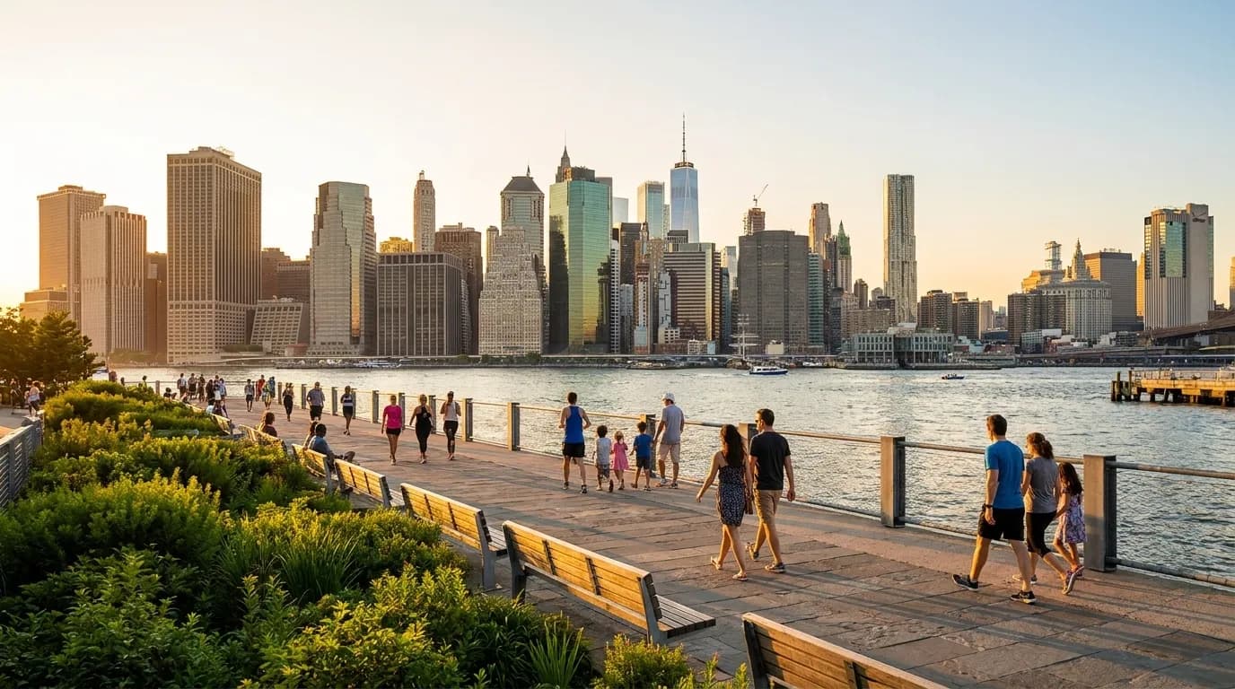 Wide view of Brooklyn Bridge Park promenade with Manhattan skyline across East River at dusk