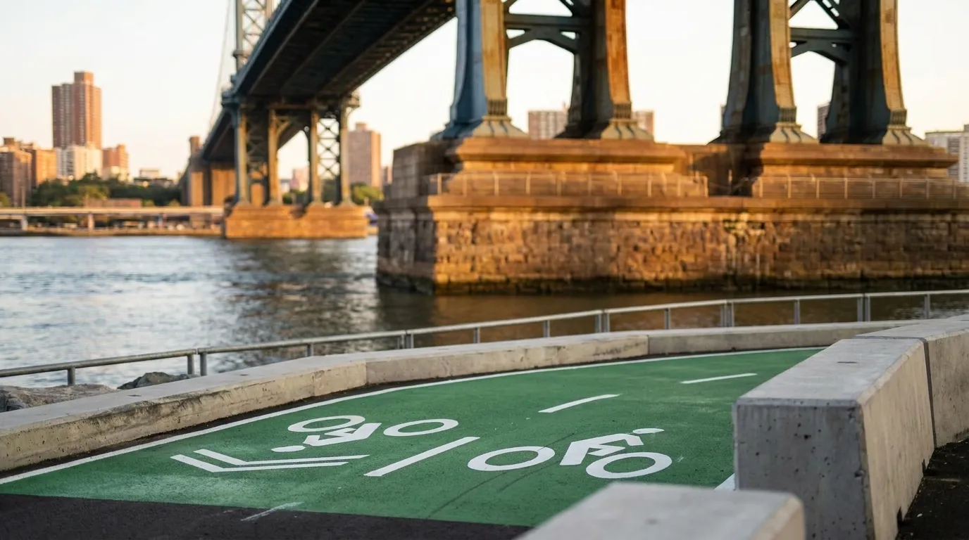 Close view of Brooklyn waterfront protected bike lane with river and bridge infrastructure