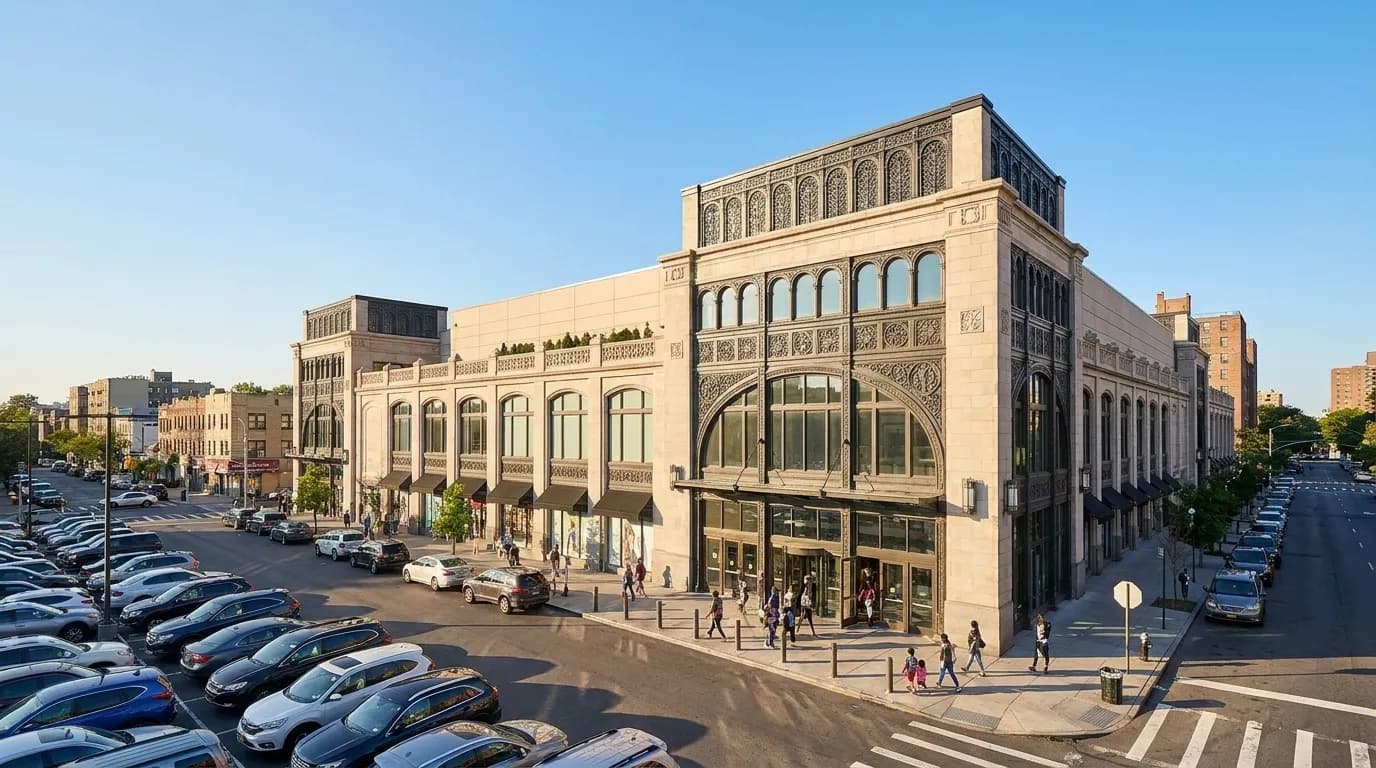 Wide view of Queens Center Mall main entrance in Elmhurst with shoppers entering on a weekend morning